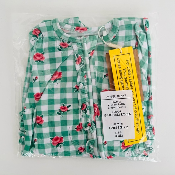 Angle Dear 2-Way Ruffle Zipper Footie, Gingham Roses Size 3-6 Months NWT - Picture 2 of 3
